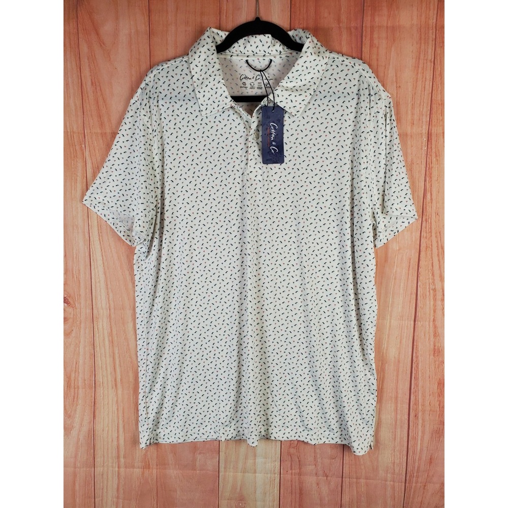 Cotton & Co. Mens Polo Shirt Sz XL White Birds Palm Tree Printed Polyester